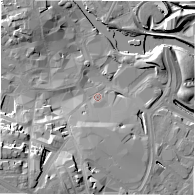Shaded relief map of the ground around DE12AU, computed from Environment Agency LiDAR. The ground here sits at about 47 m above sea level and falls 28 m across the surrounding 800 m. Surface water reaching this point runs off ground lying to the south-south-west, 11.0 m higher.