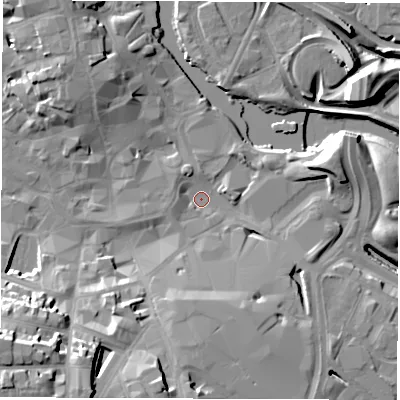 Shaded relief map of the ground around DE12AW, computed from Environment Agency LiDAR. The ground here sits at about 46 m above sea level and falls 28 m across the surrounding 800 m. Surface water reaching this point runs off ground lying to the south-west, 22.1 m higher.