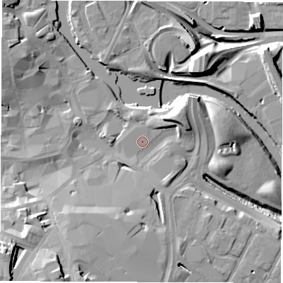 Shaded relief map of the ground around DE12AY, computed from Environment Agency LiDAR. The ground here sits at about 47 m above sea level and falls 26 m across the surrounding 800 m. Surface water reaching this point runs off ground lying to the east-north-east, 5.7 m higher.
