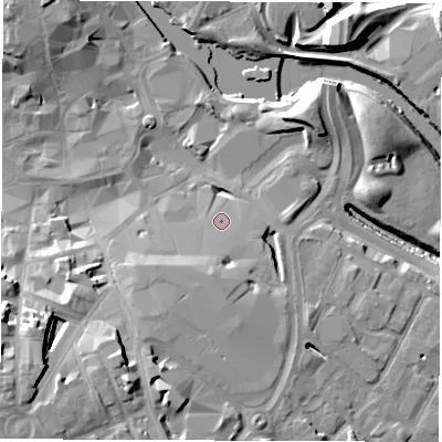 Shaded relief map of the ground around DE12AZ, computed from Environment Agency LiDAR. The ground here sits at about 48 m above sea level and falls 24 m across the surrounding 800 m. Surface water reaching this point runs off ground lying to the south, 4.4 m higher.