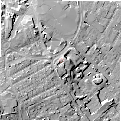 Shaded relief map of the ground around DE12BA, computed from Environment Agency LiDAR. The ground here sits at about 62 m above sea level and falls 28 m across the surrounding 800 m. Surface water reaching this point runs off ground lying to the south-south-west, 2.7 m higher.