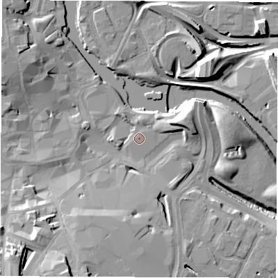 Shaded relief map of the ground around DE12BB, computed from Environment Agency LiDAR. The ground here sits at about 48 m above sea level and falls 26 m across the surrounding 800 m. The ground contributing surface water to this point lies to the north-north-east.