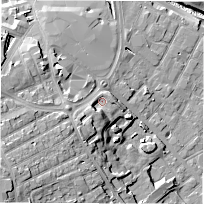 Shaded relief map of the ground around DE12BD, computed from Environment Agency LiDAR. The ground here sits at about 55 m above sea level and falls 29 m across the surrounding 800 m. Surface water reaching this point runs off ground lying to the south-west, 9.3 m higher.