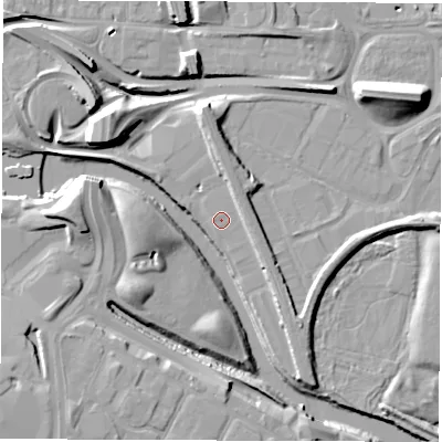 Shaded relief map of the ground around DE12BH, computed from Environment Agency LiDAR. The ground here sits at about 46 m above sea level and falls 14 m across the surrounding 800 m. Surface water reaching this point runs off ground lying to the north, 4.7 m higher.