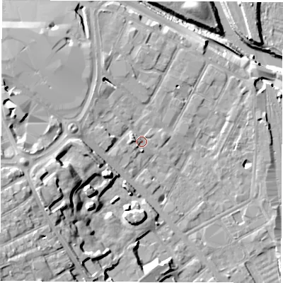 Shaded relief map of the ground around DE12BS, computed from Environment Agency LiDAR. The ground here sits at about 49 m above sea level and falls 25 m across the surrounding 800 m. Surface water reaching this point runs off ground lying to the west-south-west, 14.8 m higher.