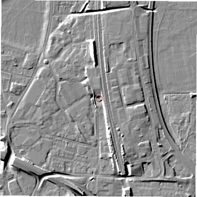 Shaded relief map of the ground around DE12BU, computed from Environment Agency LiDAR. The ground here sits at about 46 m above sea level and falls 10 m across the surrounding 800 m. Surface water reaching this point runs off ground lying to the north, 3.8 m higher.