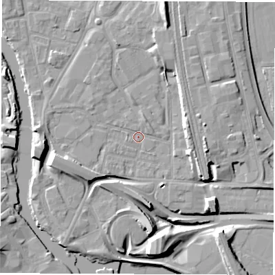 Shaded relief map of the ground around DE12BW, computed from Environment Agency LiDAR. The ground here sits at about 46 m above sea level and falls 14 m across the surrounding 800 m. Surface water reaching this point runs off ground lying to the north-north-east, 9.6 m higher.