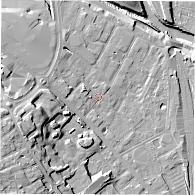 Shaded relief map of the ground around DE12BX, computed from Environment Agency LiDAR. The ground here sits at about 49 m above sea level and falls 24 m across the surrounding 800 m. Surface water reaching this point runs off ground lying to the west-south-west, 15.0 m higher.
