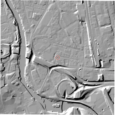 Shaded relief map of the ground around DE12BY, computed from Environment Agency LiDAR. The ground here sits at about 46 m above sea level and falls 14 m across the surrounding 800 m. Surface water reaching this point runs off ground lying to the west, 4.6 m higher.