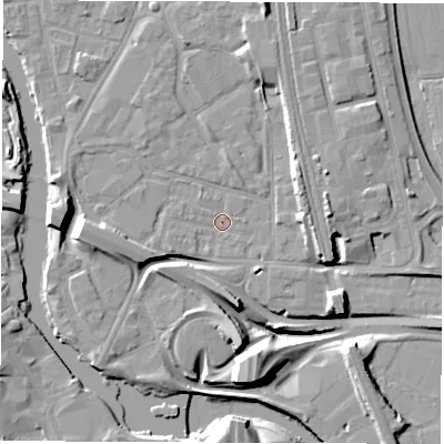 Shaded relief map of the ground around DE12BZ, computed from Environment Agency LiDAR. The ground here sits at about 46 m above sea level and falls 14 m across the surrounding 800 m. Surface water reaching this point runs off ground lying to the west, 7.7 m higher.