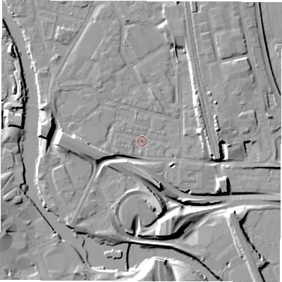 Shaded relief map of the ground around DE12DA, computed from Environment Agency LiDAR. The ground here sits at about 46 m above sea level and falls 14 m across the surrounding 800 m. Surface water reaching this point runs off ground lying to the west, 7.7 m higher.