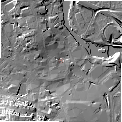 Shaded relief map of the ground around DE12DB, computed from Environment Agency LiDAR. The ground here sits at about 47 m above sea level and falls 25 m across the surrounding 800 m. Surface water reaching this point runs off ground lying to the north-west, 8.2 m higher.