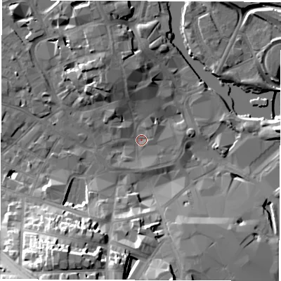 Shaded relief map of the ground around DE12DG, computed from Environment Agency LiDAR. The ground here sits at about 47 m above sea level and falls 25 m across the surrounding 800 m. Surface water reaching this point runs off ground lying to the north-north-west, 7.5 m higher.