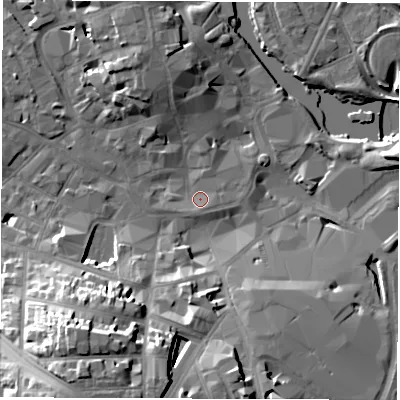 Shaded relief map of the ground around DE12DP, computed from Environment Agency LiDAR. The ground here sits at about 47 m above sea level and falls 25 m across the surrounding 800 m. Surface water reaching this point runs off ground lying to the east, 1.4 m higher.