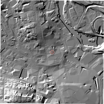 Shaded relief map of the ground around DE12DQ, computed from Environment Agency LiDAR. The ground here sits at about 48 m above sea level and falls 25 m across the surrounding 800 m. Surface water reaching this point runs off ground lying to the north-north-west, 7.5 m higher.