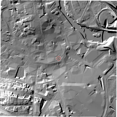Shaded relief map of the ground around DE12DS, computed from Environment Agency LiDAR. The ground here sits at about 47 m above sea level and falls 25 m across the surrounding 800 m. The ground contributing surface water to this point lies to the east.