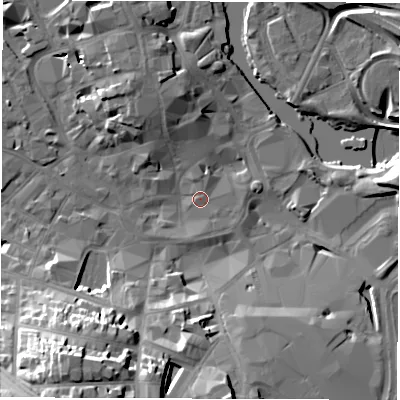 Shaded relief map of the ground around DE12DT, computed from Environment Agency LiDAR. The ground here sits at about 47 m above sea level and falls 25 m across the surrounding 800 m. Surface water reaching this point runs off ground lying to the north-north-west, 7.5 m higher.
