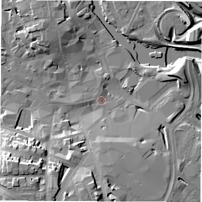 Shaded relief map of the ground around DE12DU, computed from Environment Agency LiDAR. The ground here sits at about 47 m above sea level and falls 27 m across the surrounding 800 m. Surface water reaching this point runs off ground lying to the south-west, 22.1 m higher.
