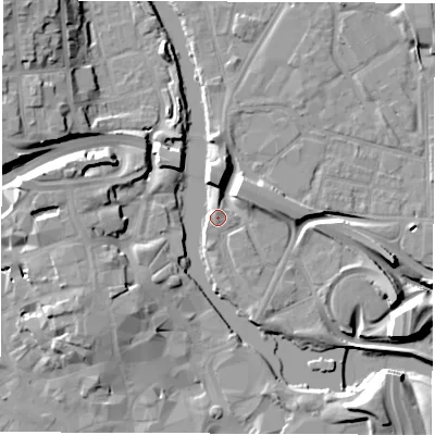 Shaded relief map of the ground around DE12EB, computed from Environment Agency LiDAR. The ground here sits at about 47 m above sea level and falls 19 m across the surrounding 800 m. Surface water reaching this point runs off ground lying to the south-west, 8.0 m higher.