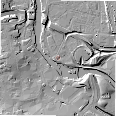 Shaded relief map of the ground around DE12ED, computed from Environment Agency LiDAR. The ground here sits at about 47 m above sea level and falls 15 m across the surrounding 800 m. Surface water reaching this point runs off ground lying to the south-west, 1.8 m higher.