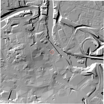 Shaded relief map of the ground around DE12EP, computed from Environment Agency LiDAR. The ground here sits at about 47 m above sea level and falls 15 m across the surrounding 800 m. Surface water reaching this point runs off ground lying to the west-north-west, 7.8 m higher.
