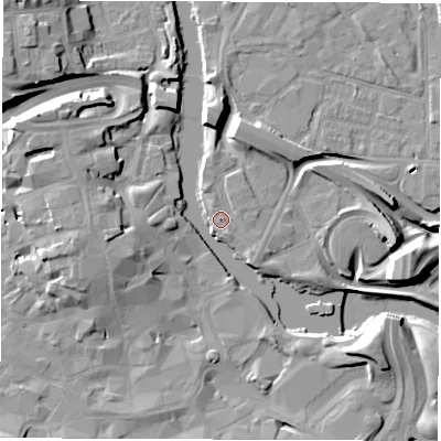 Shaded relief map of the ground around DE12EQ, computed from Environment Agency LiDAR. The ground here sits at about 47 m above sea level and falls 17 m across the surrounding 800 m. Surface water reaching this point runs off ground lying to the west, 9.0 m higher.