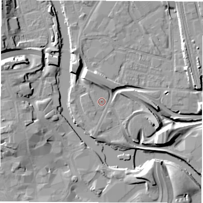 Shaded relief map of the ground around DE12ER, computed from Environment Agency LiDAR. The ground here sits at about 47 m above sea level and falls 15 m across the surrounding 800 m. Surface water reaching this point runs off ground lying to the north-west, 6.4 m higher.