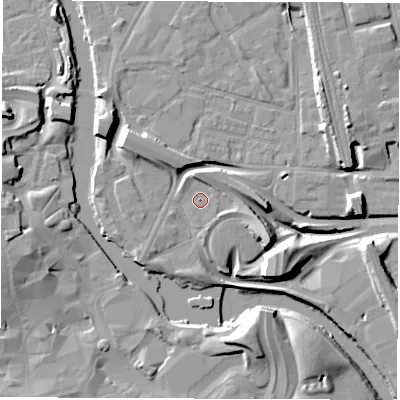 Shaded relief map of the ground around DE12ET, computed from Environment Agency LiDAR. The ground here sits at about 46 m above sea level and falls 14 m across the surrounding 800 m. Surface water reaching this point runs off ground lying to the east-south-east, 2.9 m higher.