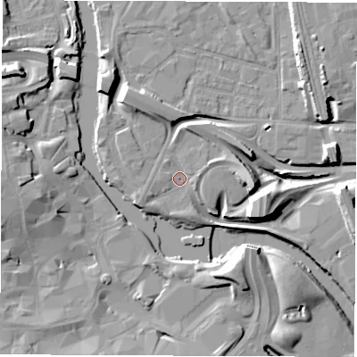 Shaded relief map of the ground around DE12EU, computed from Environment Agency LiDAR. The ground here sits at about 46 m above sea level and falls 14 m across the surrounding 800 m. Surface water reaching this point runs off ground lying to the east-north-east, 3.1 m higher.