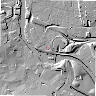 Shaded relief map of the ground around DE12EW, computed from Environment Agency LiDAR. The ground here sits at about 46 m above sea level and falls 14 m across the surrounding 800 m. The ground contributing surface water to this point lies to the north-north-east.
