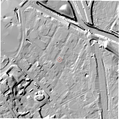 Shaded relief map of the ground around DE12EX, computed from Environment Agency LiDAR. The ground here sits at about 48 m above sea level and falls 23 m across the surrounding 800 m. Surface water reaching this point runs off ground lying to the west-south-west, 15.9 m higher.