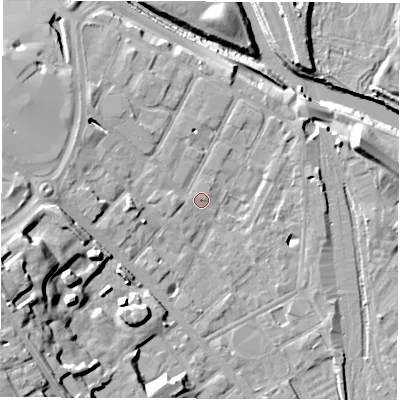 Shaded relief map of the ground around DE12EY, computed from Environment Agency LiDAR. The ground here sits at about 48 m above sea level and falls 23 m across the surrounding 800 m. Surface water reaching this point runs off ground lying to the west-south-west, 16.0 m higher.