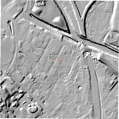 Shaded relief map of the ground around DE12FB, computed from Environment Agency LiDAR. The ground here sits at about 48 m above sea level and falls 22 m across the surrounding 800 m. Surface water reaching this point runs off ground lying to the west-south-west, 10.9 m higher.