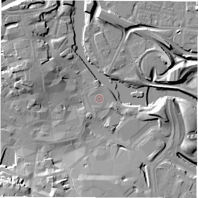 Shaded relief map of the ground around DE12FT, computed from Environment Agency LiDAR. The ground here sits at about 47 m above sea level and falls 24 m across the surrounding 800 m. The ground contributing surface water to this point lies to the north.
