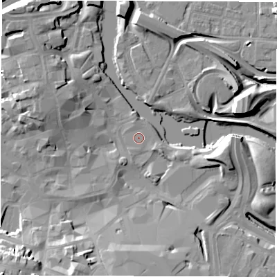 Shaded relief map of the ground around DE12FU, computed from Environment Agency LiDAR. The ground here sits at about 47 m above sea level and falls 24 m across the surrounding 800 m. The ground contributing surface water to this point lies to the north-north-west.