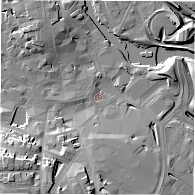 Shaded relief map of the ground around DE12JZ, computed from Environment Agency LiDAR. The ground here sits at about 47 m above sea level and falls 27 m across the surrounding 800 m. Surface water reaching this point runs off ground lying to the south-west, 22.1 m higher.