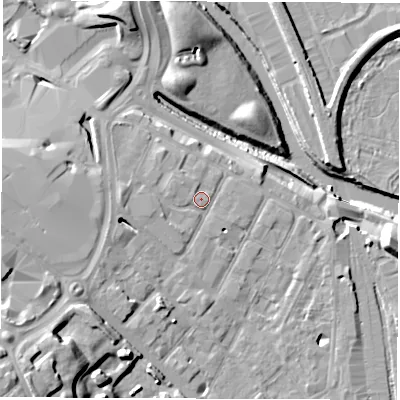Shaded relief map of the ground around DE12LD, computed from Environment Agency LiDAR. The ground here sits at about 49 m above sea level and falls 23 m across the surrounding 800 m. Surface water reaching this point runs off ground lying to the west-south-west, 5.0 m higher.