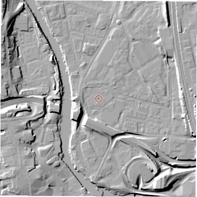 Shaded relief map of the ground around DE12LF, computed from Environment Agency LiDAR. The ground here sits at about 47 m above sea level and falls 19 m across the surrounding 800 m. The ground contributing surface water to this point lies to the south-south-west.