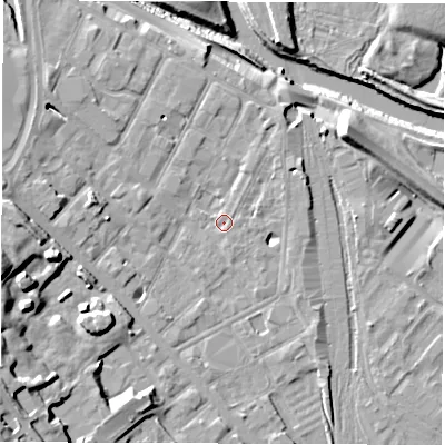 Shaded relief map of the ground around DE12LG, computed from Environment Agency LiDAR. The ground here sits at about 48 m above sea level and falls 21 m across the surrounding 800 m. Surface water reaching this point runs off ground lying to the west, 6.1 m higher.