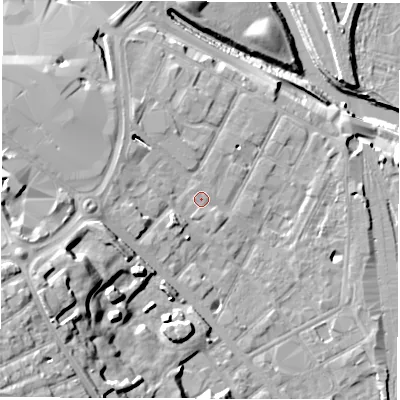 Shaded relief map of the ground around DE12LQ, computed from Environment Agency LiDAR. The ground here sits at about 49 m above sea level and falls 24 m across the surrounding 800 m. Surface water reaching this point runs off ground lying to the south-south-west, 0.5 m higher.