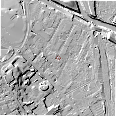Shaded relief map of the ground around DE12LT, computed from Environment Agency LiDAR. The ground here sits at about 49 m above sea level and falls 24 m across the surrounding 800 m. Surface water reaching this point runs off ground lying to the north-west, 1.1 m higher.