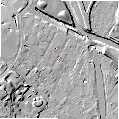 Shaded relief map of the ground around DE12LU, computed from Environment Agency LiDAR. The ground here sits at about 48 m above sea level and falls 22 m across the surrounding 800 m. Surface water reaching this point runs off ground lying to the west-south-west, 15.4 m higher.