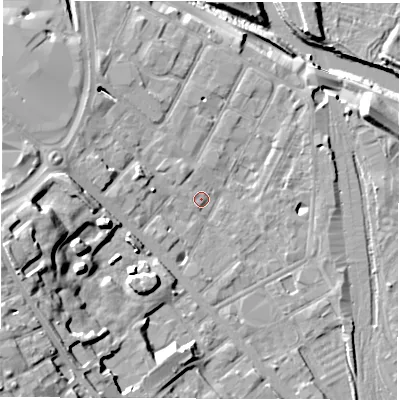 Shaded relief map of the ground around DE12LW, computed from Environment Agency LiDAR. The ground here sits at about 48 m above sea level and falls 24 m across the surrounding 800 m. Surface water reaching this point runs off ground lying to the west, 16.5 m higher.