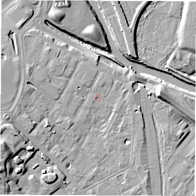 Shaded relief map of the ground around DE12LX, computed from Environment Agency LiDAR. The ground here sits at about 48 m above sea level and falls 21 m across the surrounding 800 m. Surface water reaching this point runs off ground lying to the west-south-west, 8.0 m higher.