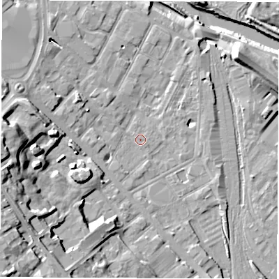Shaded relief map of the ground around DE12LY, computed from Environment Agency LiDAR. The ground here sits at about 48 m above sea level and falls 23 m across the surrounding 800 m. Surface water reaching this point runs off ground lying to the south, 1.9 m higher.