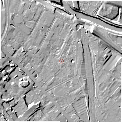 Shaded relief map of the ground around DE12LZ, computed from Environment Agency LiDAR. The ground here sits at about 48 m above sea level and falls 21 m across the surrounding 800 m. Surface water reaching this point runs off ground lying to the west-north-west, 5.4 m higher.
