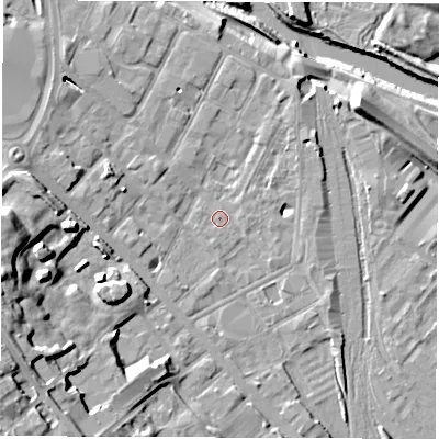 Shaded relief map of the ground around DE12NA, computed from Environment Agency LiDAR. The ground here sits at about 48 m above sea level and falls 22 m across the surrounding 800 m. Surface water reaching this point runs off ground lying to the south, 1.9 m higher.