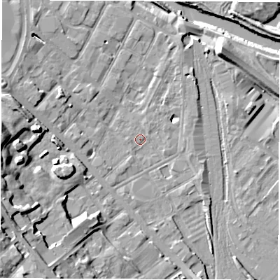 Shaded relief map of the ground around DE12NB, computed from Environment Agency LiDAR. The ground here sits at about 48 m above sea level and falls 22 m across the surrounding 800 m. Surface water reaching this point runs off ground lying to the south-south-west, 1.7 m higher.
