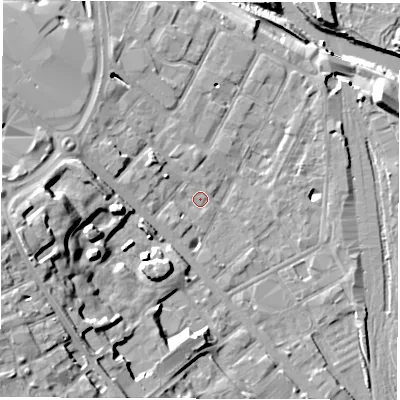 Shaded relief map of the ground around DE12ND, computed from Environment Agency LiDAR. The ground here sits at about 48 m above sea level and falls 24 m across the surrounding 800 m. Surface water reaching this point runs off ground lying to the west, 15.5 m higher.