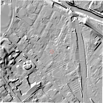 Shaded relief map of the ground around DE12NE, computed from Environment Agency LiDAR. The ground here sits at about 48 m above sea level and falls 23 m across the surrounding 800 m. Surface water reaching this point runs off ground lying to the south, 1.8 m higher.
